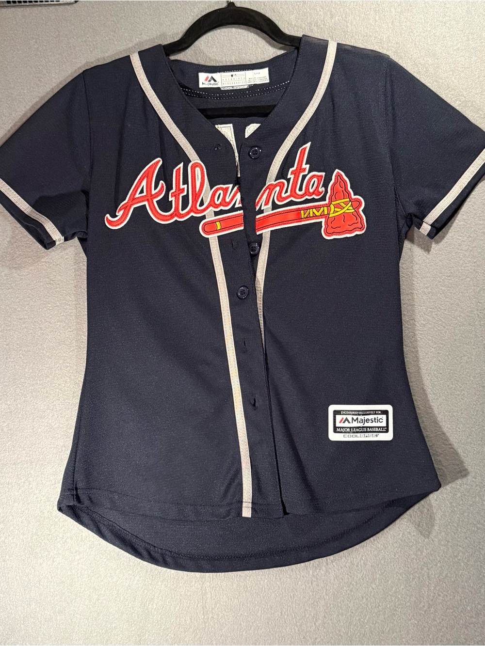 Majestic Navy Atlanta Braves Baseball Jersey with Red Script